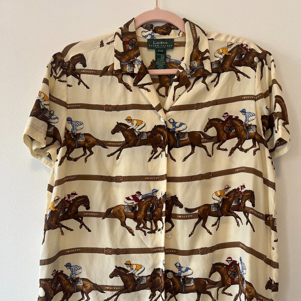 Vintage Ralph Lauren 100% Silk Equestrian Short Sleeve Button Up Size M